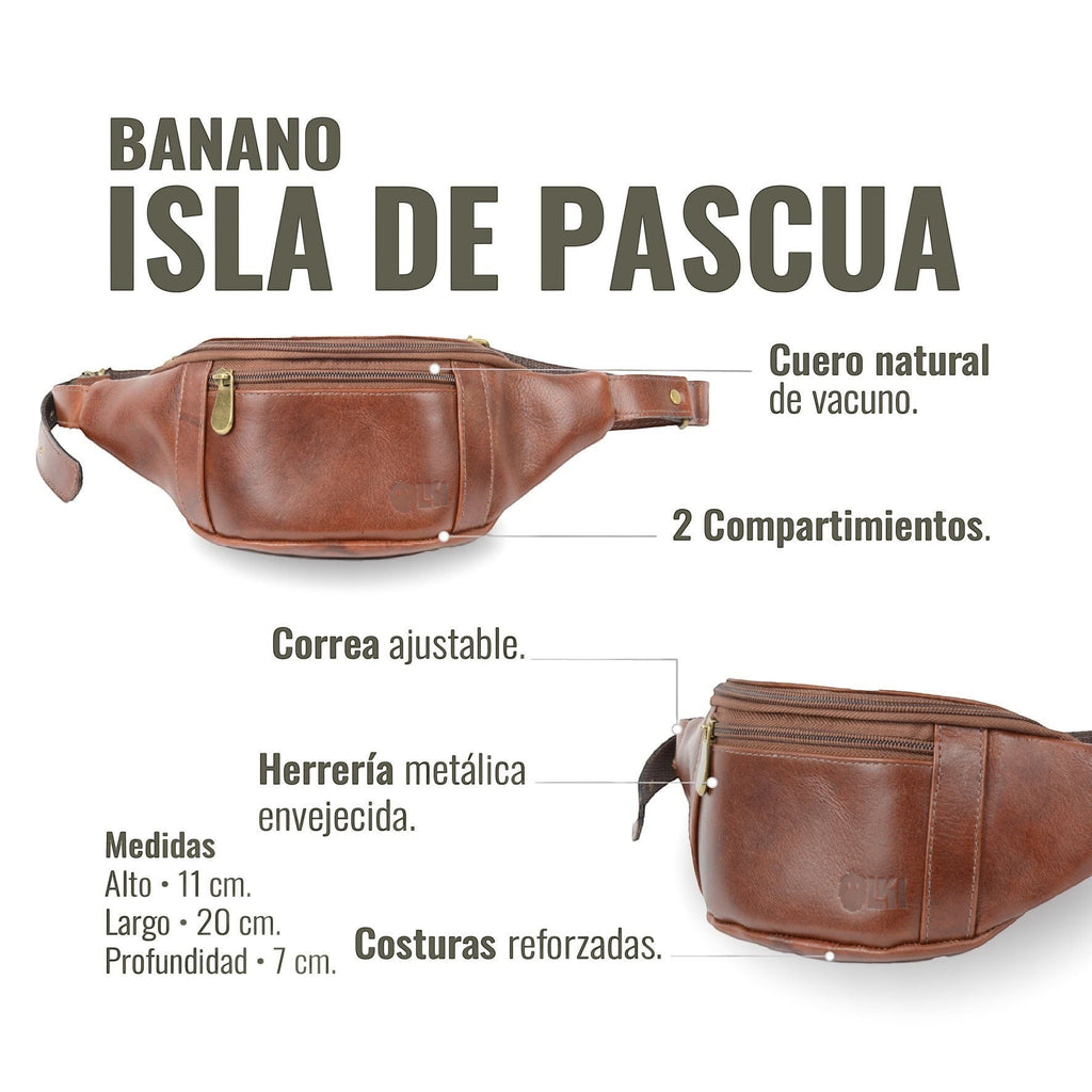 Banano OLKI Isla de Pascua en cuero castaño con dos compartimentos, correa ajustable y herrajes envejecidos.