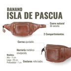 Banano OLKI Isla de Pascua en cuero castaño con dos compartimentos, correa ajustable y herrajes envejecidos.