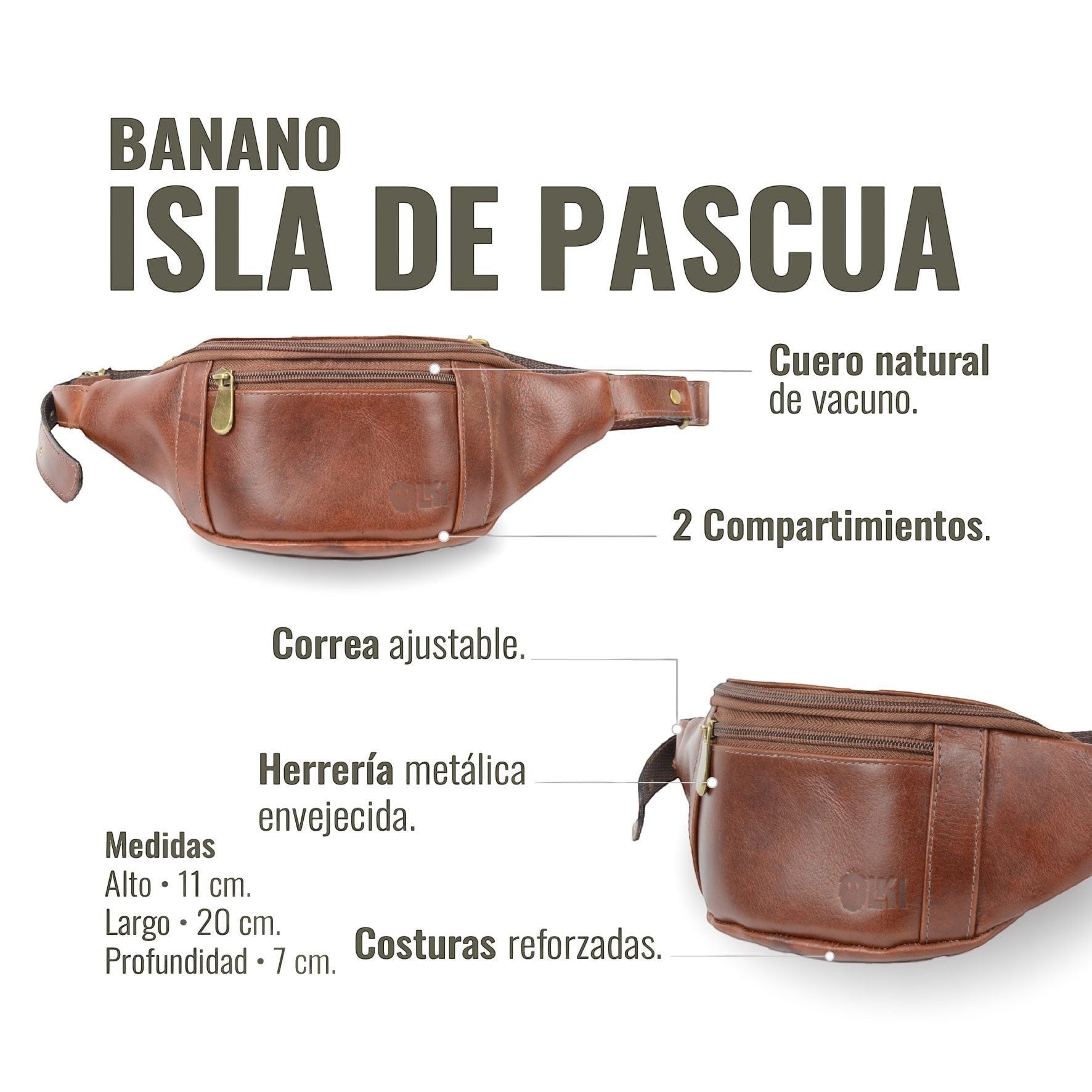 Banano OLKI Isla de Pascua en cuero castaño con dos compartimentos, correa ajustable y herrajes envejecidos.