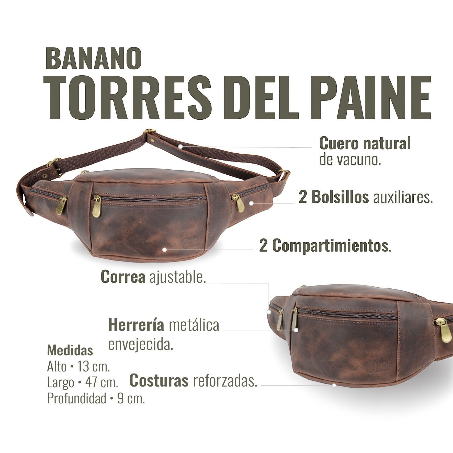 Banano OLKI Torres del Paine de cuero natural vacuno en tono chocolate, con dos compartimentos y dos bolsillos auxiliares, correa ajustable y herrería envejecida.