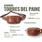 Riñonera OLKI Banano Torres del Paine de cuero vacuno en tono castaño con dos compartimentos y dos bolsillos auxiliares.