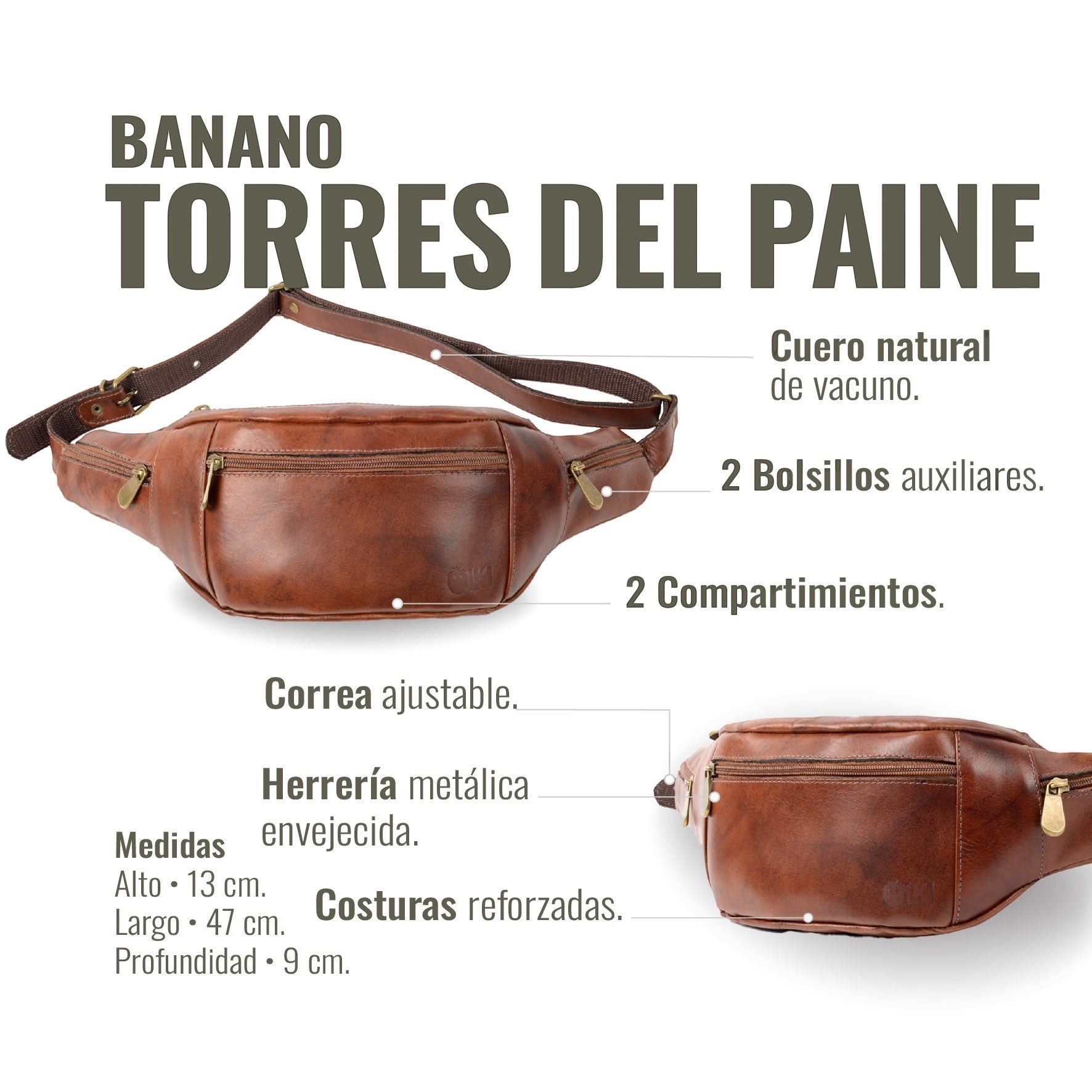 Riñonera OLKI Banano Torres del Paine de cuero vacuno en tono castaño con dos compartimentos y dos bolsillos auxiliares.