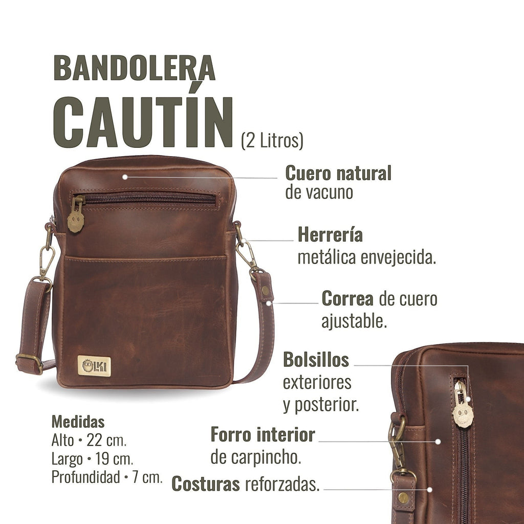 Bandolera Cautín Chocolate de cuero de vacuno envejecido con correa ajustable y múltiples bolsillos. Marca OLKI.