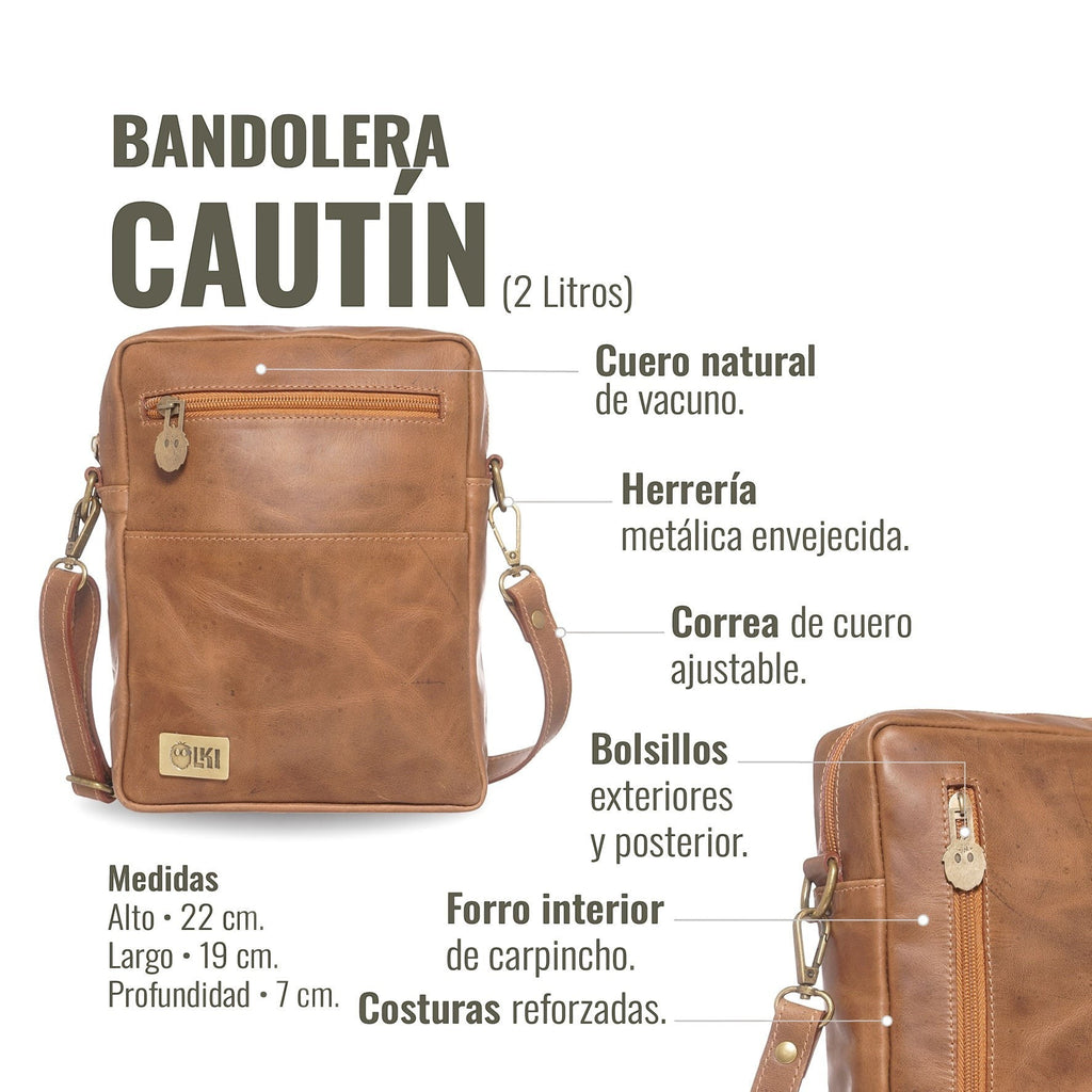 Bandolera de cuero natural café OLKI Cautín, con correa ajustable, múltiples bolsillos y costuras reforzadas. Ideal para hombre.
