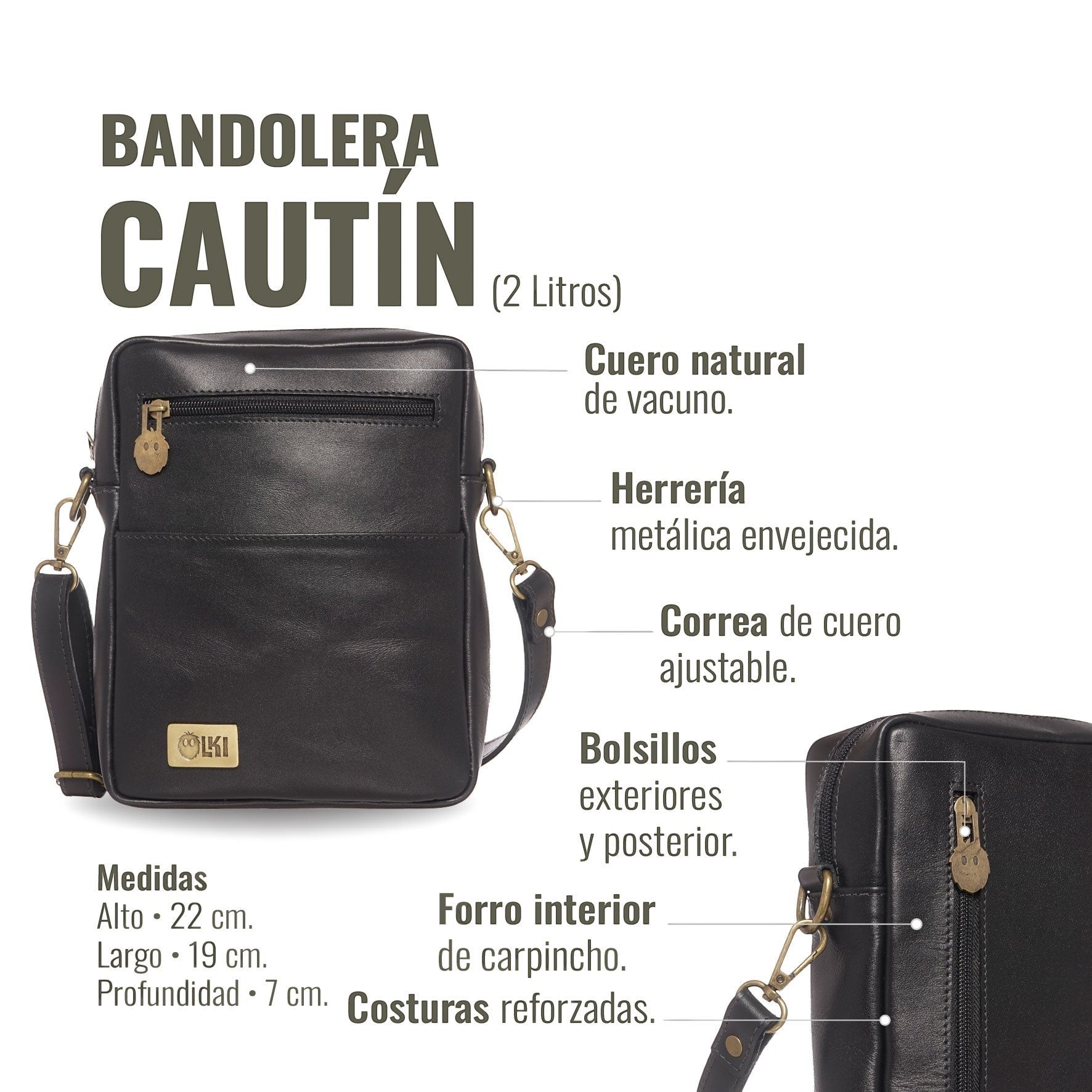 Bandolera negra de cuero natural Cautin OLKI con herrajes envejecidos y correa ajustable. Bolsillos exteriores y posterior.
