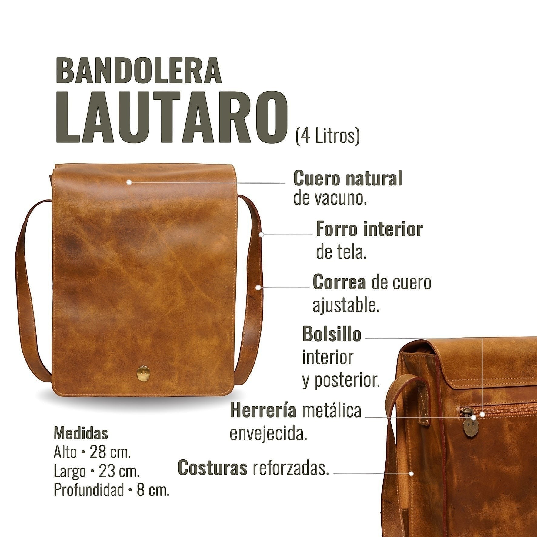 Bandolera vertical de cuero habano de OLKI con solapa, correa ajustable y herrajes envejecidos. Ideal para uso diario.