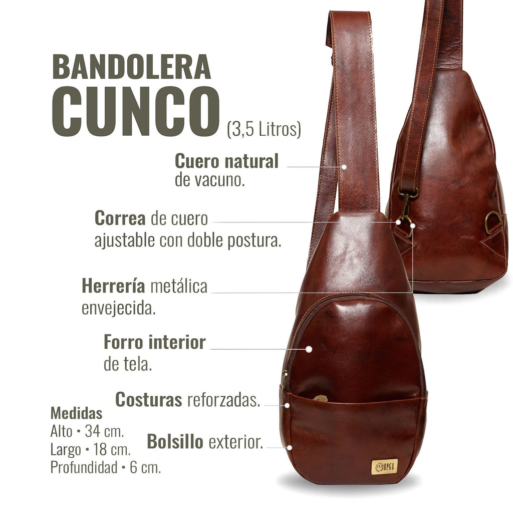 Bandolera Cunco Castaño de cuero natural de vacuno de OLKI. Correa ajustable, herrajes envejecidos y bolsillo exterior. Capacidad 3.5 litros.