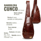 Bandolera Cunco Castaño de cuero natural de vacuno de OLKI. Correa ajustable, herrajes envejecidos y bolsillo exterior. Capacidad 3.5 litros.