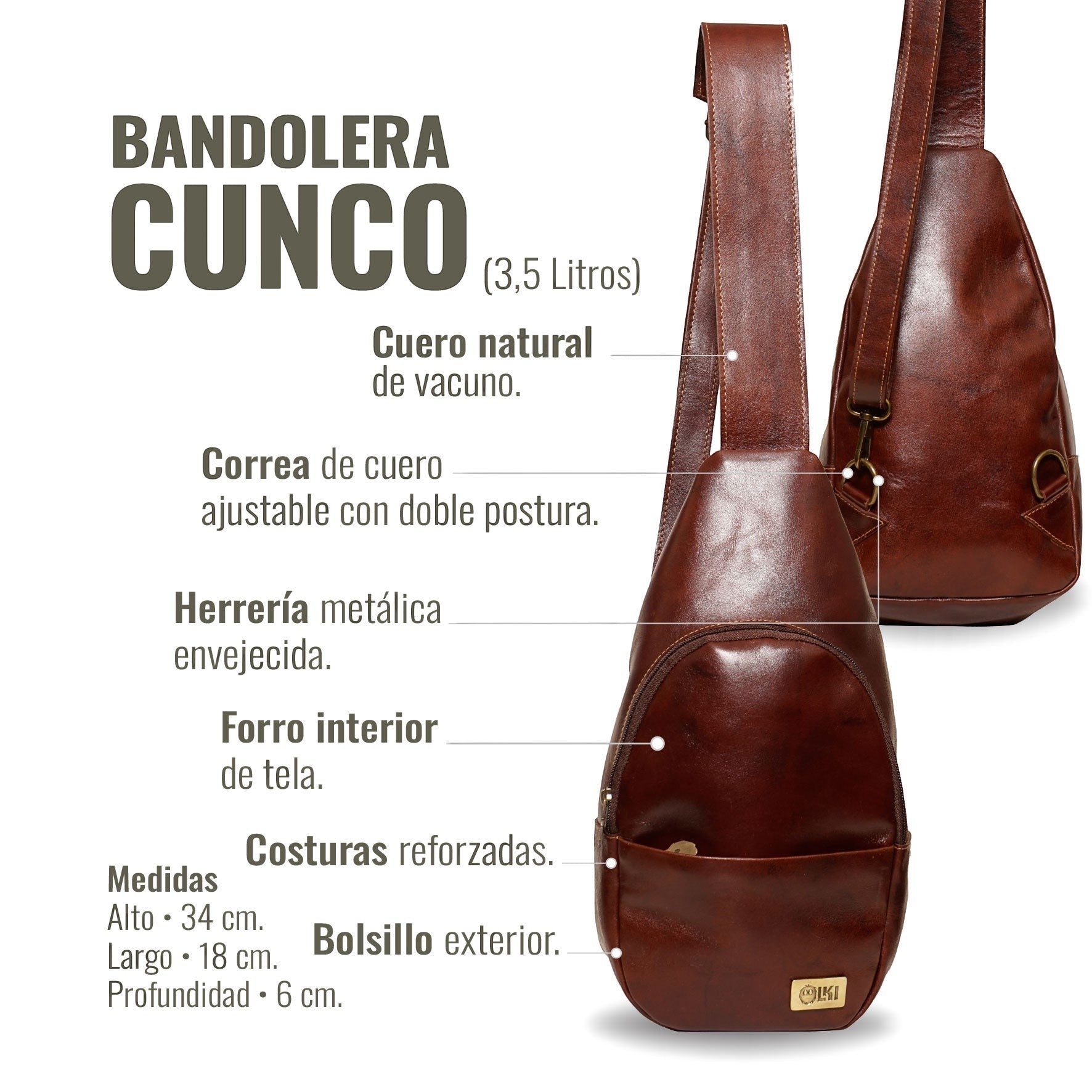 Bandolera Cunco Castaño de cuero natural de vacuno de OLKI. Correa ajustable, herrajes envejecidos y bolsillo exterior. Capacidad 3.5 litros.