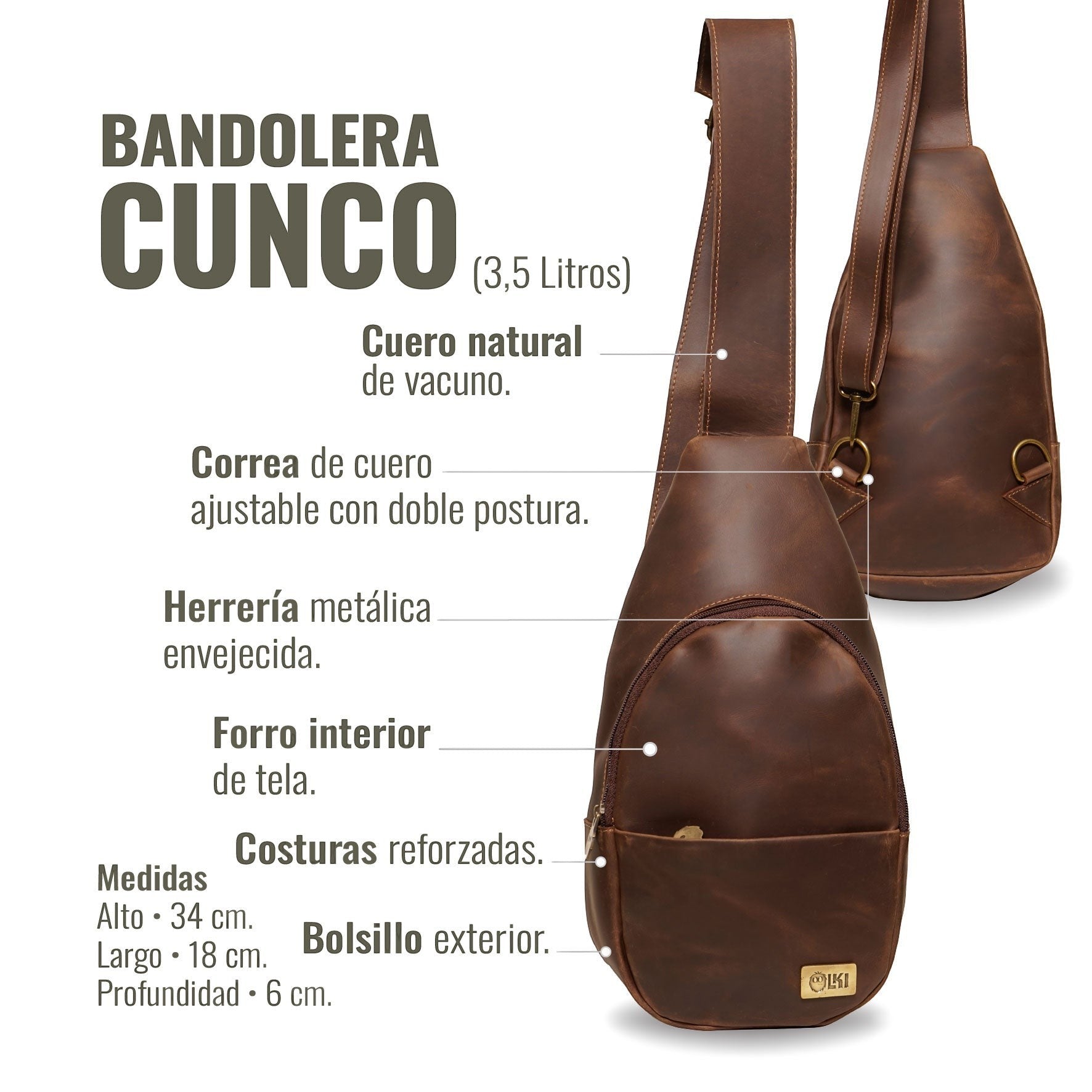 Bandolera Cunco de cuero natural vacuno en color chocolate de OLKI. Correa ajustable, bolsillo exterior y herrajes envejecidos.