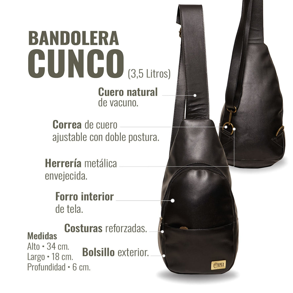 Bandolera Cunco Negro de cuero natural de vacuno de OLKI con correa ajustable y bolsillo exterior.