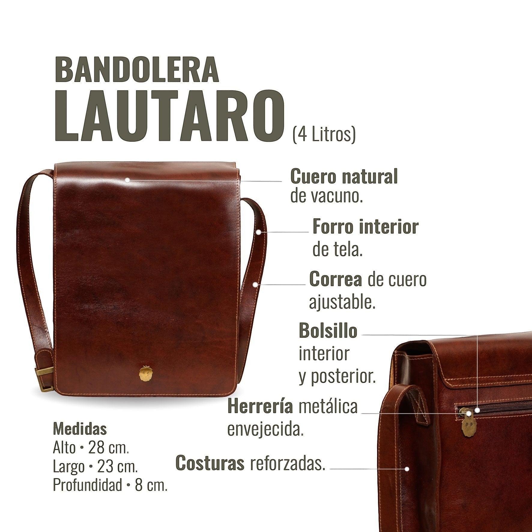 Bandolera OLKI Lautaro Castaño de cuero vacuno marrón con solapa, cierre metálico dorado y correa ajustable. Capacidad 4 litros.