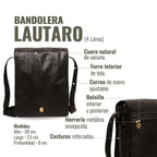 Bandolera negra de cuero natural de vacuno, marca OLKI, con correa ajustable y herrajes envejecidos. Ideal para hombre y mujer.