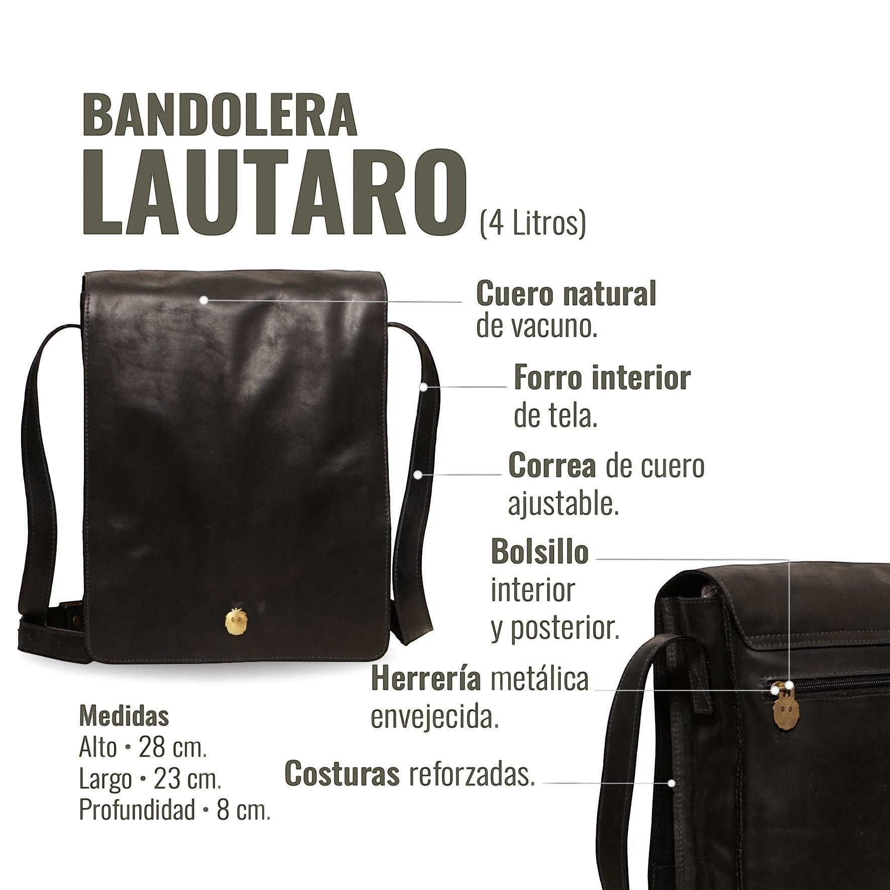 Bandolera negra de cuero natural de vacuno, marca OLKI, con correa ajustable y herrajes envejecidos. Ideal para hombre y mujer.