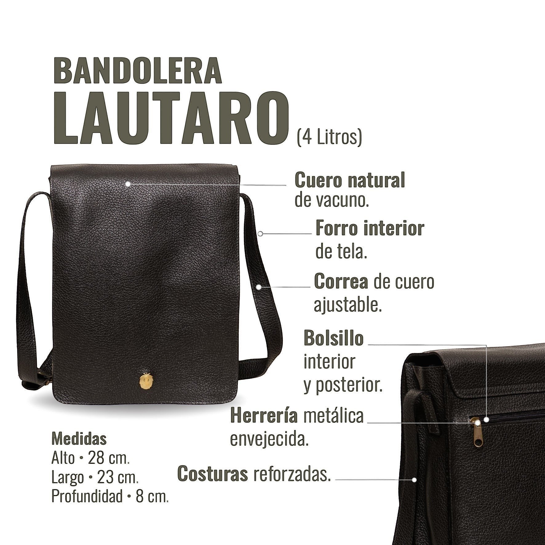 Bandolera negra texturizada de cuero vacuno de OLKI con solapa, correa ajustable y herrajes dorados. Ideal para uso diario.