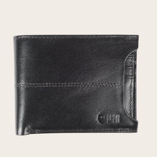 Billetera OLKI Ancoa Negro de cuero con costuras reforzadas y logo grabado. Diseño minimalista y funcional para hombre.