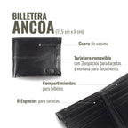 Billetera Ancoa Negro de cuero de vacuno de OLKI con múltiples compartimentos para tarjetas y billetes. Incluye tarjetero extraíble.