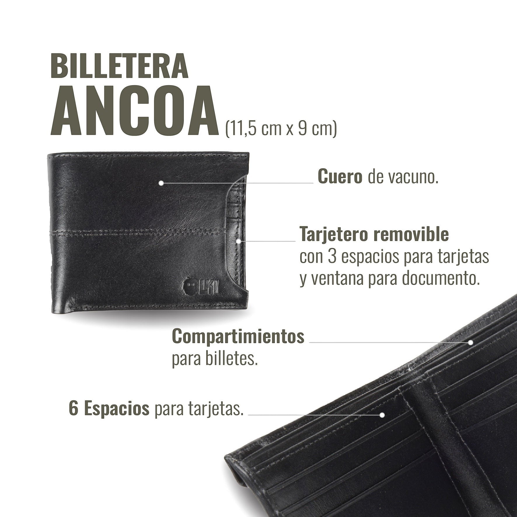 Billetera Ancoa Negro de cuero de vacuno de OLKI con múltiples compartimentos para tarjetas y billetes. Incluye tarjetero extraíble.