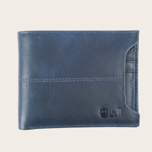 Billetera OLKI Ancoa azul de cuero de vacuno con 6 espacios para tarjetas y doble separador de billetes.