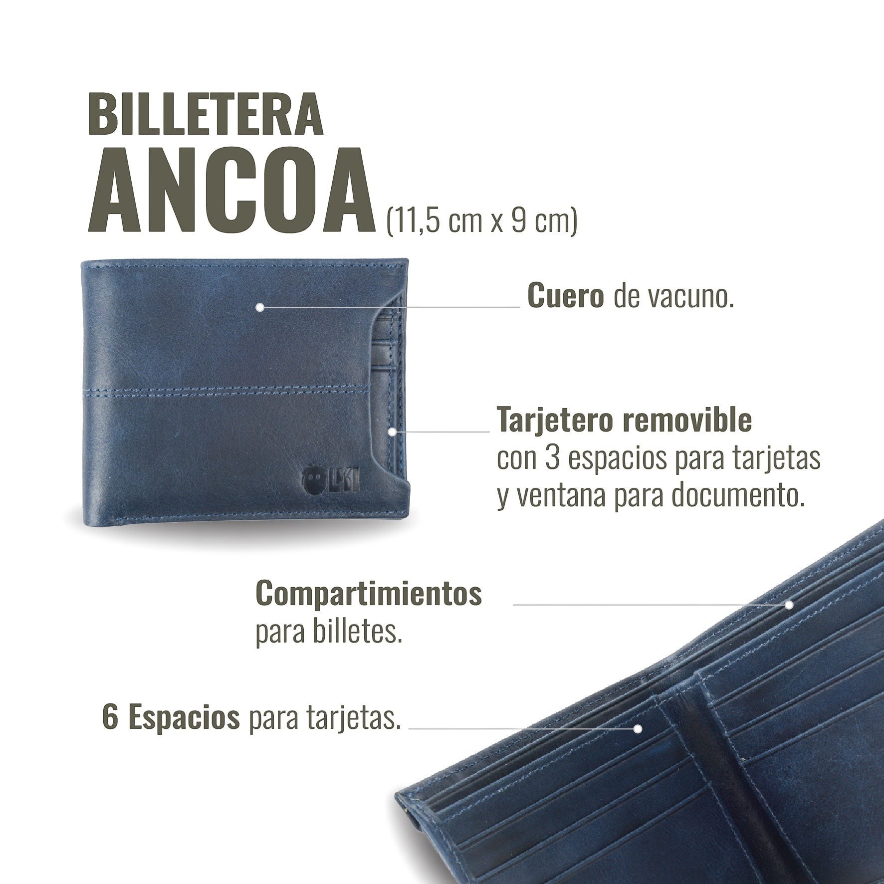Billetera Ancoa azul de cuero de vacuno de OLKI con 6 espacios para tarjetas y doble separador de billetes.