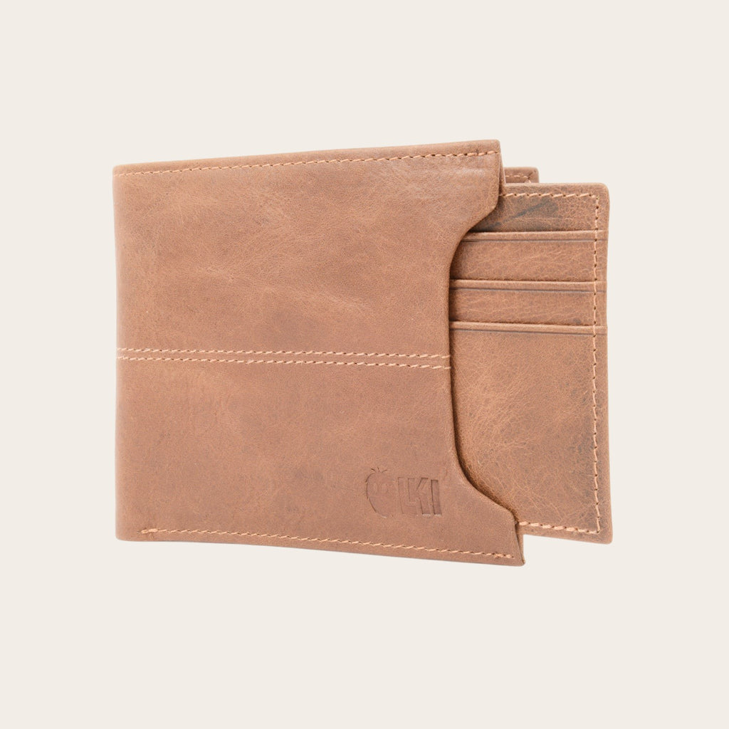 Billetera OLKI Ancoa Habano de cuero marrón con múltiples ranuras para tarjetas y compartimentos para billetes. Diseño minimalista y elegante.