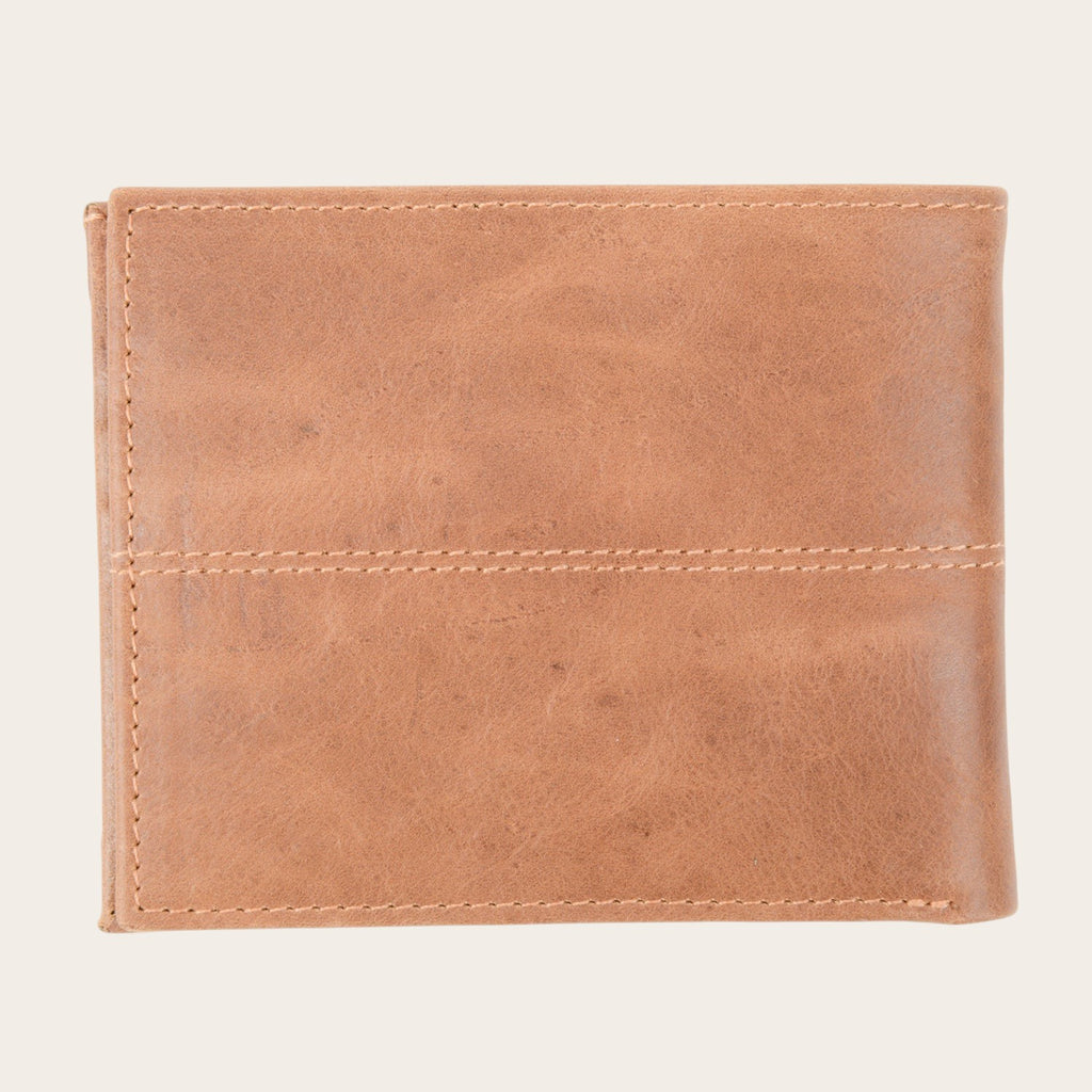 Billetera OLKI Ancoa Habano de cuero marrón con costuras visibles y múltiples compartimentos.