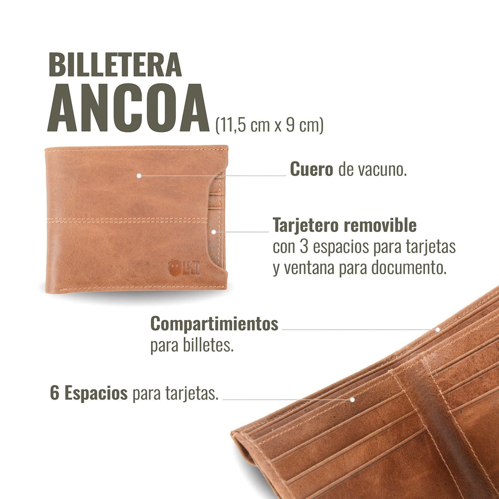 Billetera Ancoa Habano de cuero vacuno marrón con múltiples compartimentos para tarjetas y billetes. Tarjetero extraíble con ventana.