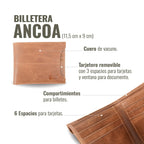 Billetera Ancoa Habano de cuero vacuno marrón con múltiples compartimentos para tarjetas y billetes. Tarjetero extraíble con ventana.