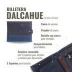 Billetera OLKI Dalcahue de cuero azul marino y azul con pasador, compartimentos para billetes y bolsillo para monedas. Logo grabado.