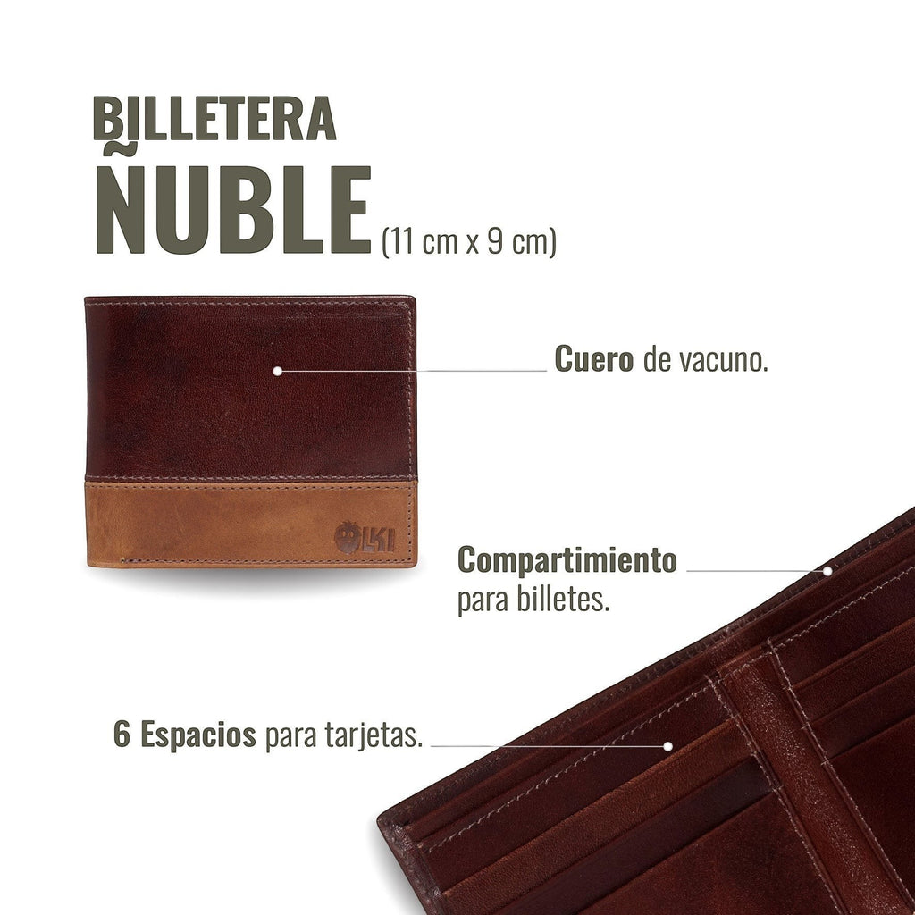 Billetera OLKI Ñuble Bicolor de cuero marrón y camel, con 6 espacios para tarjetas y compartimento para billetes.