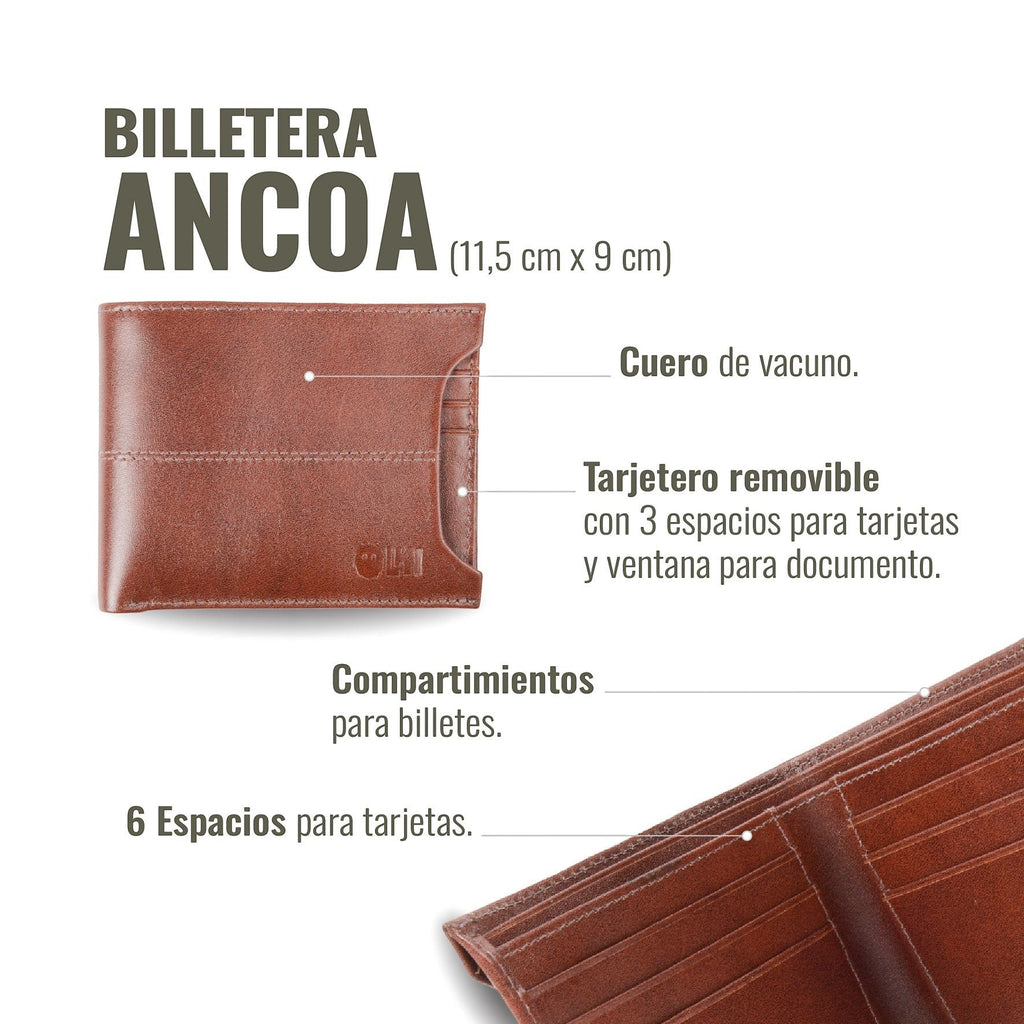 Billetera Ancoa de cuero de vacuno color castaño de OLKI con 6 espacios para tarjetas y doble separador de billetes.