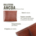Billetera Ancoa de cuero de vacuno color castaño de OLKI con 6 espacios para tarjetas y doble separador de billetes.