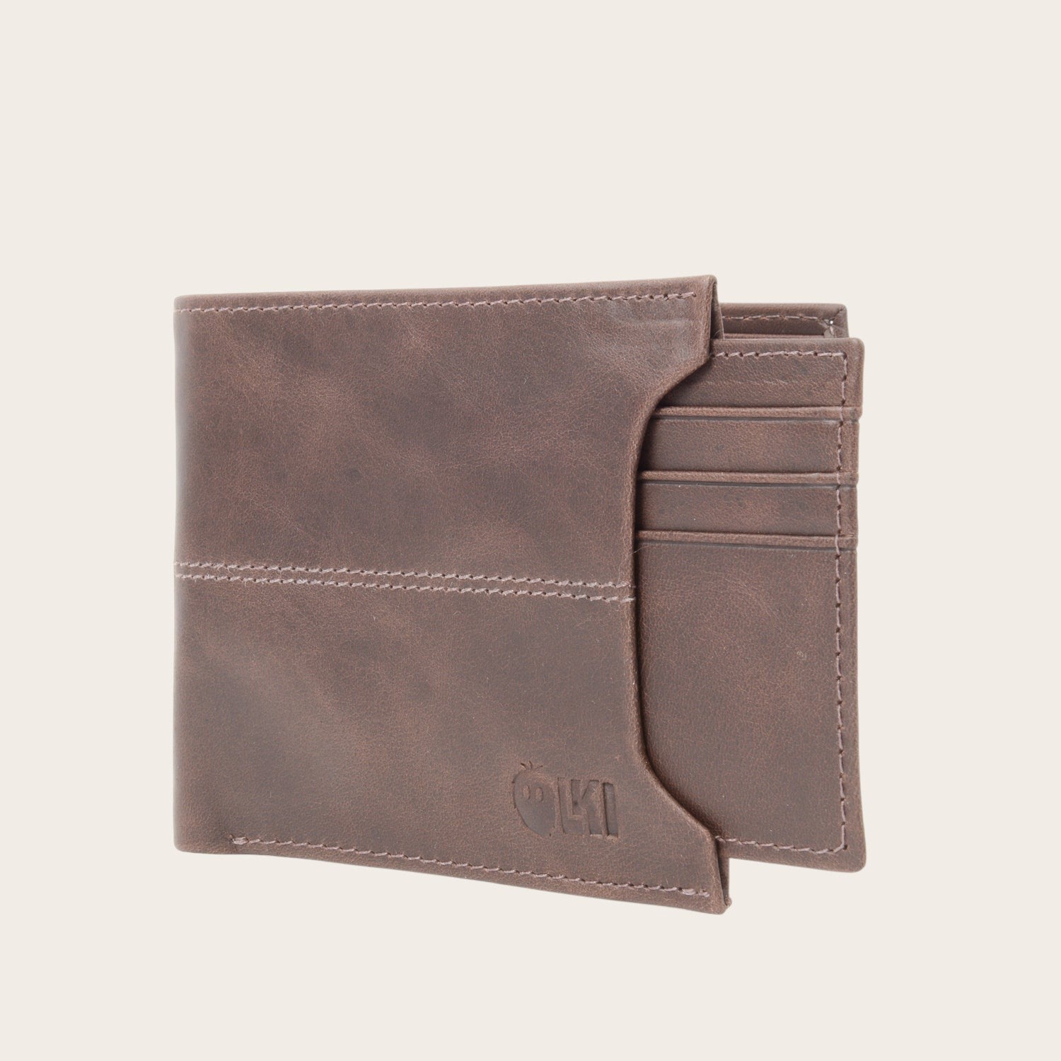 Billetera OLKI Ancoa de cuero marrón chocolate con múltiples ranuras y tarjetero extraíble.