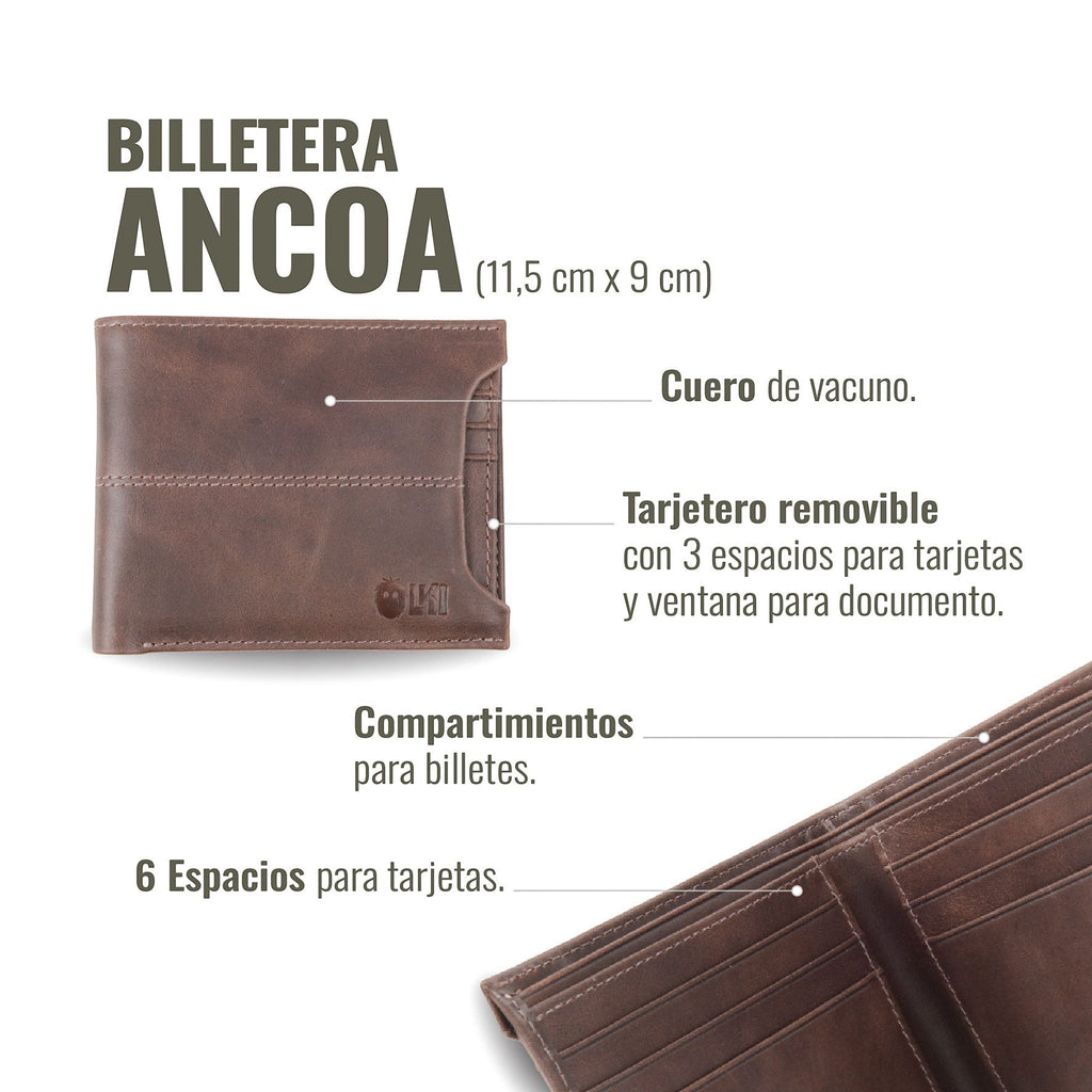Billetera OLKI Ancoa de cuero vacuno color chocolate con tarjetero extraíble y múltiples compartimentos para tarjetas y billetes.