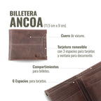 Billetera OLKI Ancoa de cuero vacuno color chocolate con tarjetero extraíble y múltiples compartimentos para tarjetas y billetes.