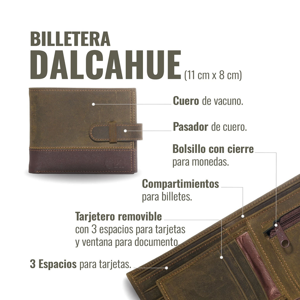 Billetera OLKI Dalcahue bi-fold de cuero verde musgo y marrón oscuro con pasador y bolsillo para monedas.