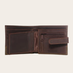 Billetera OLKI Dalcahue de cuero genuino en chocolate con panel inferior verde oliva, múltiples compartimentos y cierre de pasador.