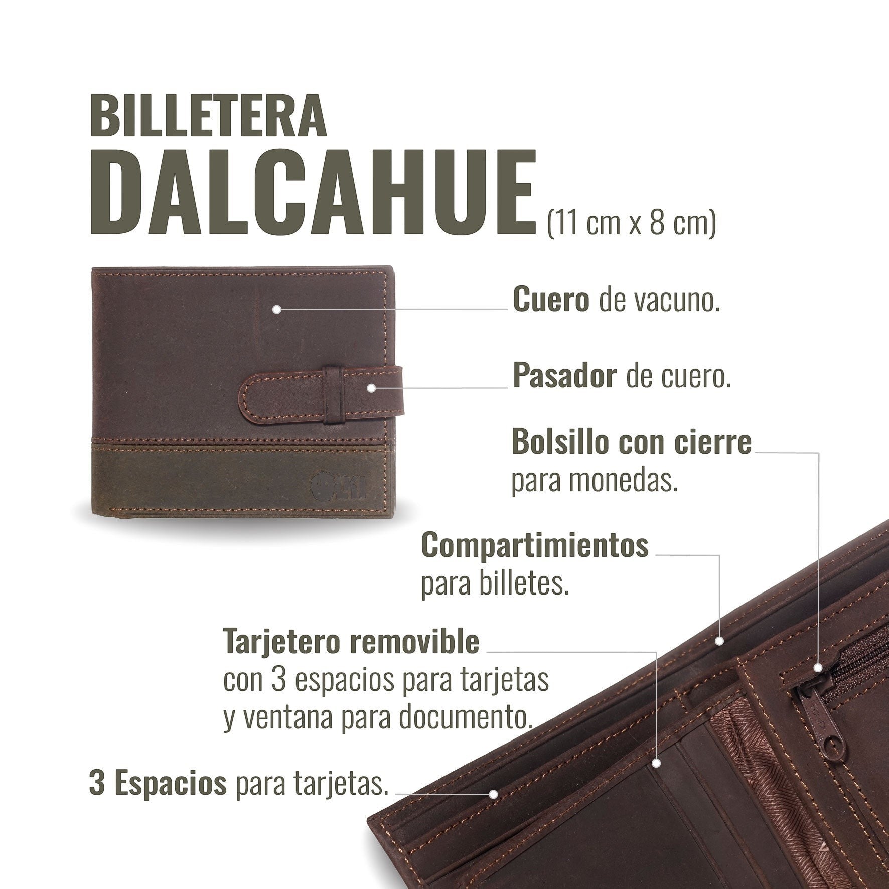 Billetera OLKI Dalcahue de cuero marrón chocolate y verde oliva con pasador, compartimentos para billetes y tarjetero extraíble.