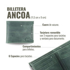 Billetera Ancoa Verde de cuero de vacuno de OLKI, con tarjetero removible, 6 espacios para tarjetas y compartimentos para billetes.