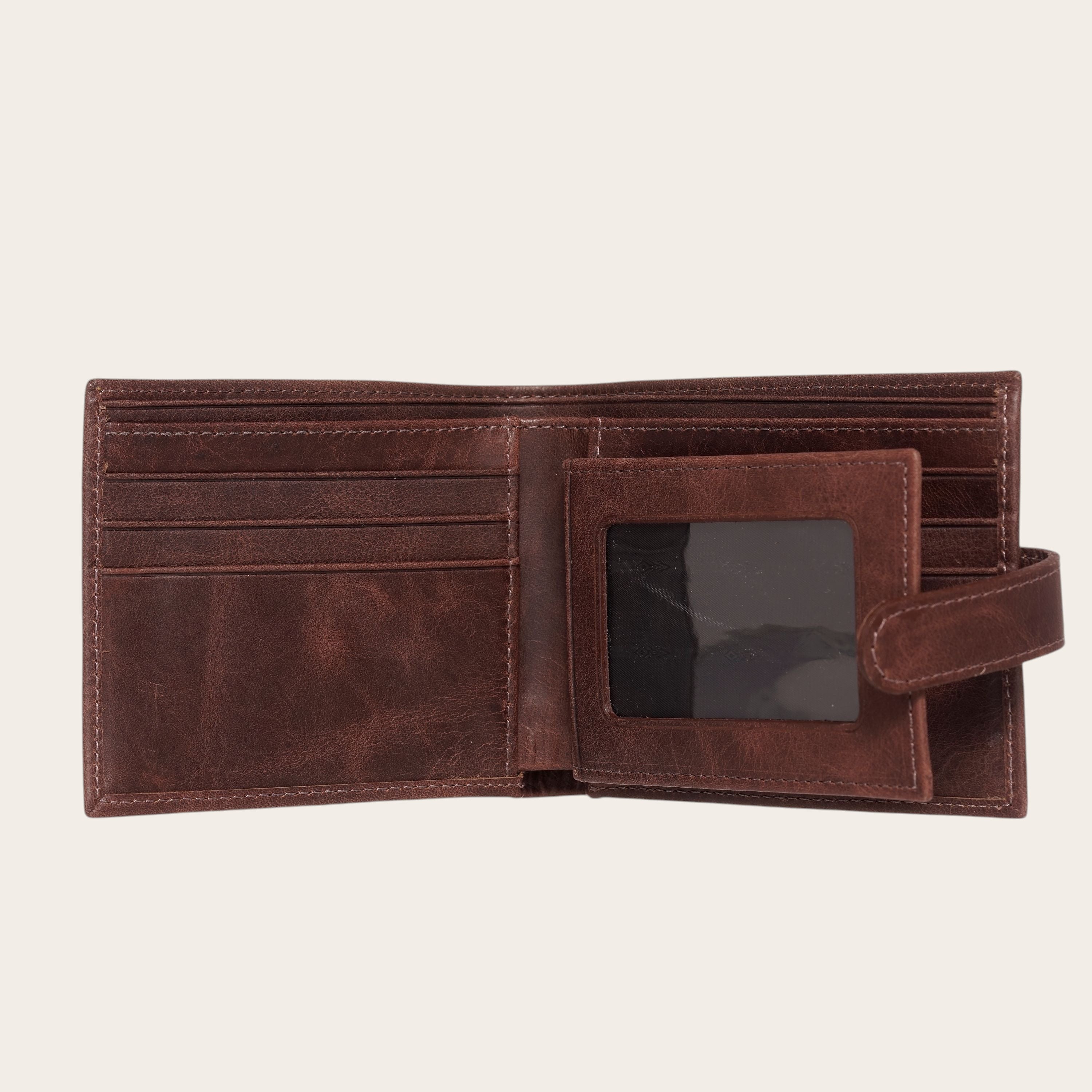 Billetera OLKI Lontué de cuero chocolate con múltiples compartimentos y ventana para identificación.