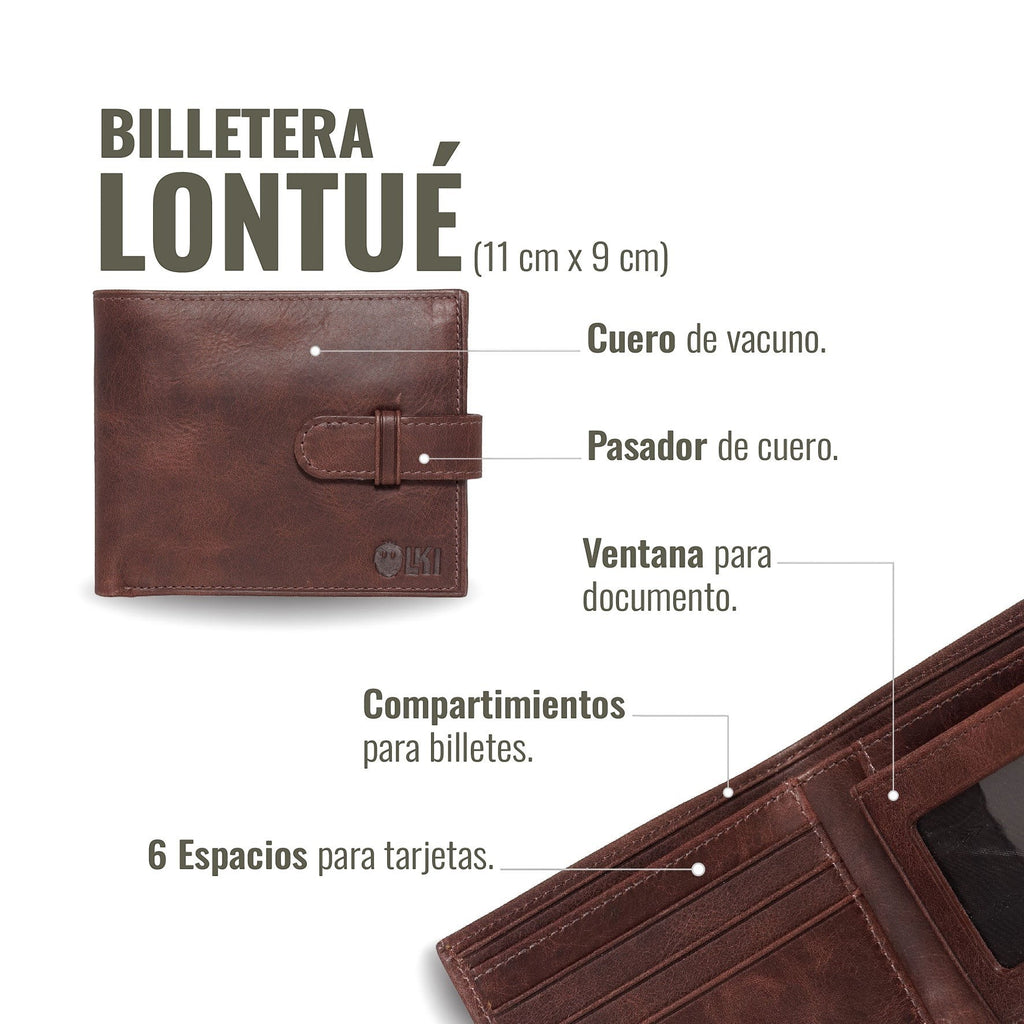 Billetera OLKI Lontué de cuero chocolate con pasador, ventana para documento y 6 espacios para tarjetas.