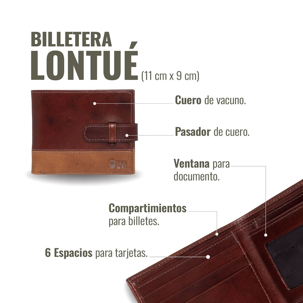 Billetera Lontué Bicolor de cuero de vacuno en tonos marrones, con pasador, ventana para documento y múltiples compartimentos.