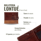 Billetera Lontué Bicolor de cuero de vacuno en tonos marrones, con pasador, ventana para documento y múltiples compartimentos.