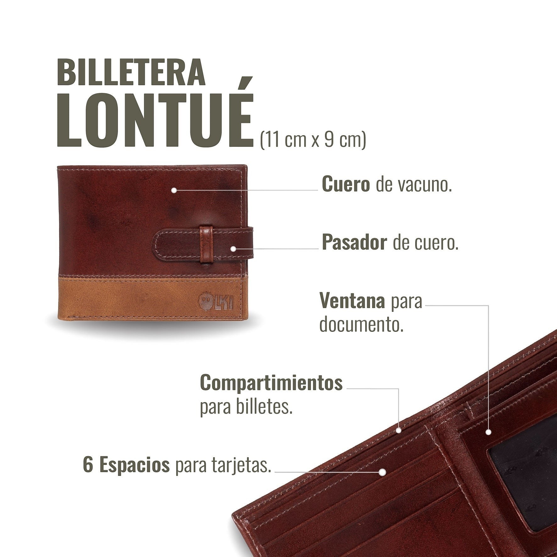 Billetera Lontué Bicolor de cuero de vacuno en tonos marrones, con pasador, ventana para documento y múltiples compartimentos.