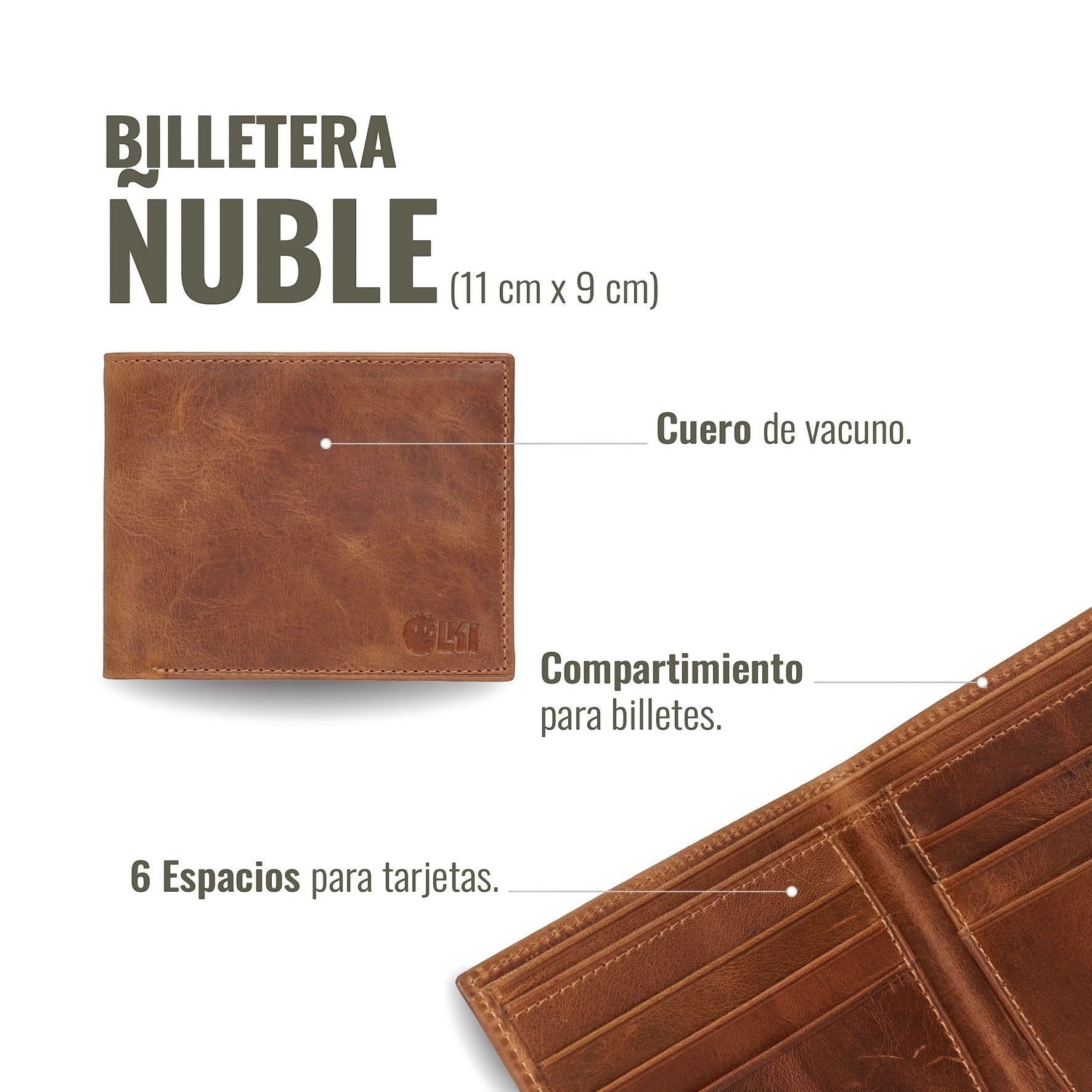 Billetera OLKI Ñuble Habano de cuero de vacuno, plegable, con 6 espacios para tarjetas y compartimento para billetes.