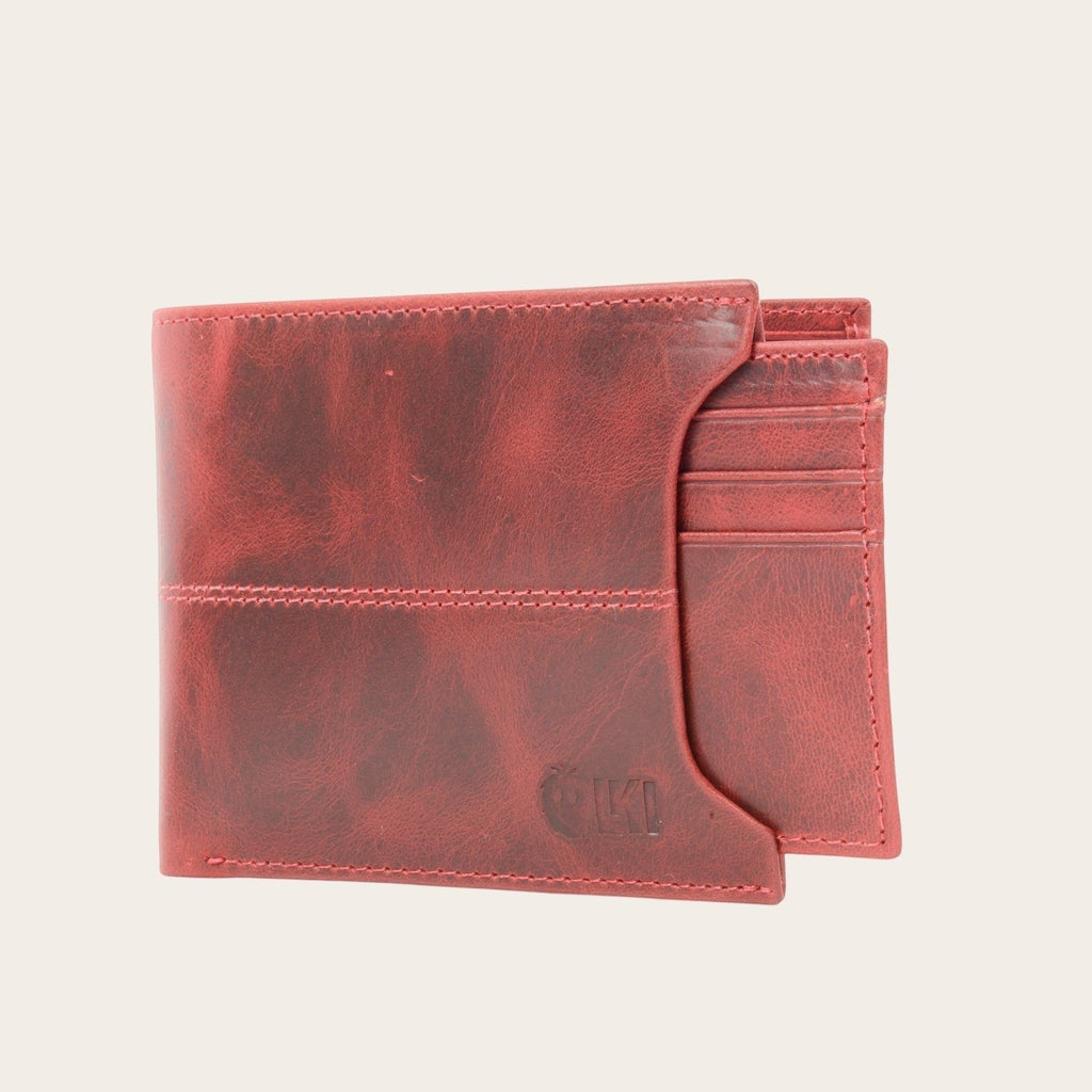 Billetera Ancoa Rojo de cuero de OLKI con múltiples ranuras para tarjetas y costuras decorativas.