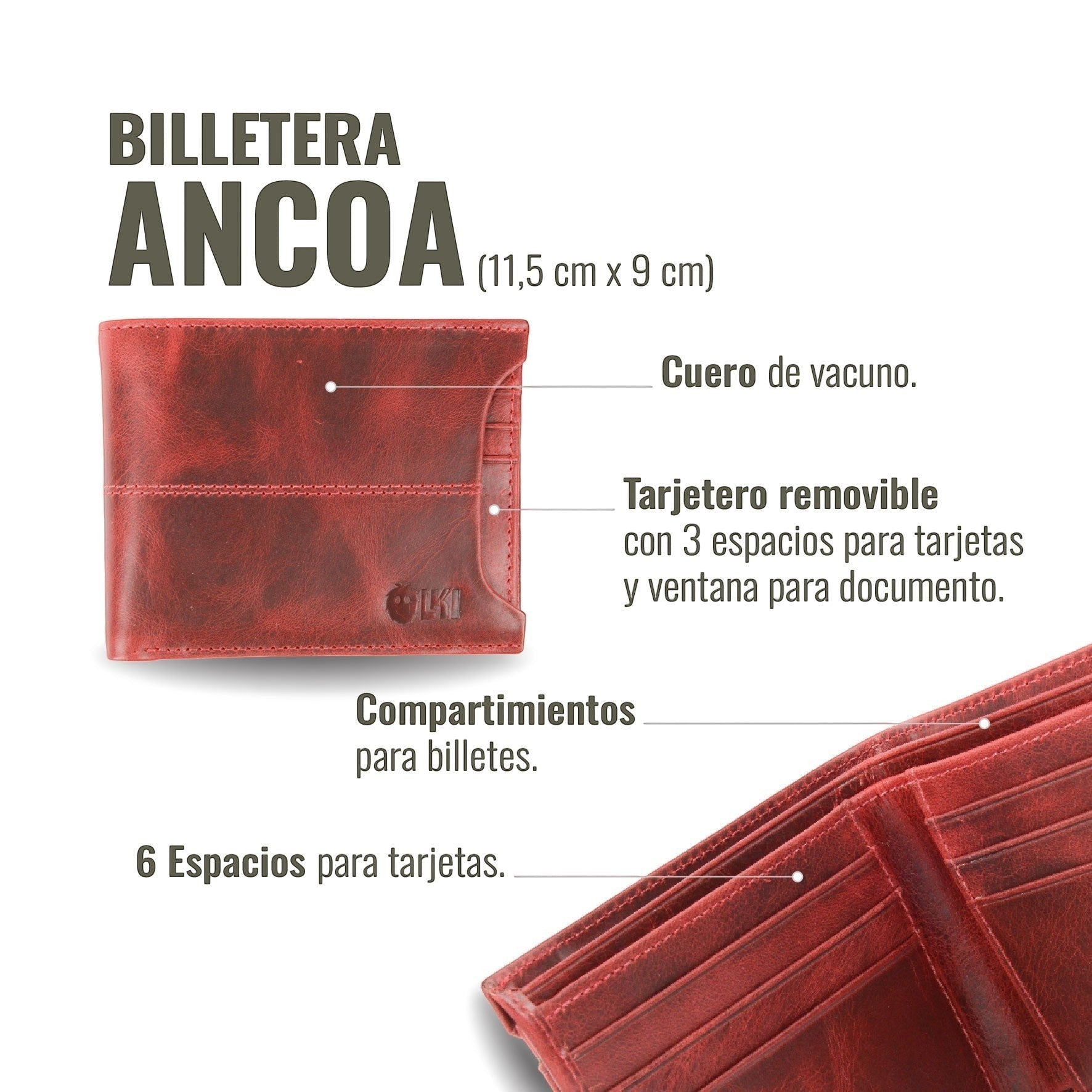 Billetera Ancoa Rojo de cuero de vacuno de OLKI con tarjetero extraíble, 6 espacios para tarjetas y compartimentos para billetes.