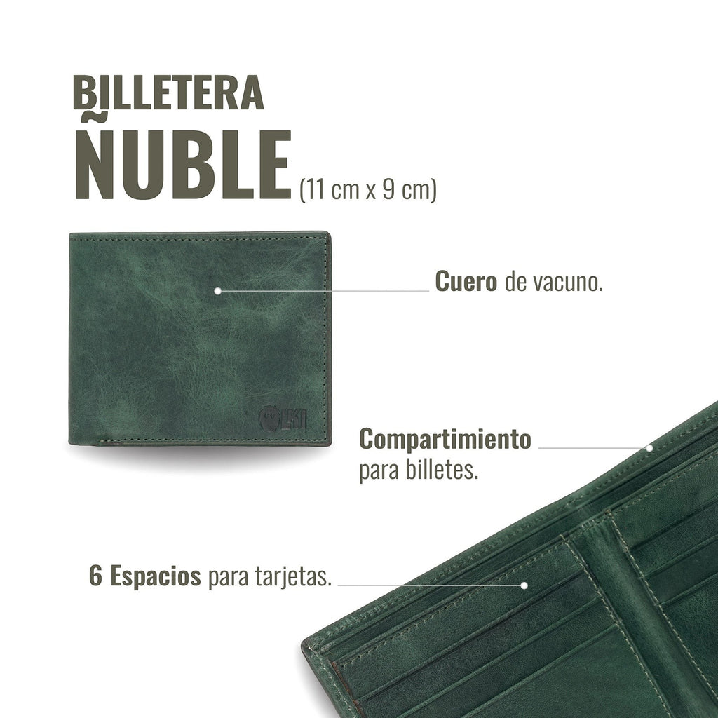 OLKI Billetera Ñuble verde musgo en cuero de vacuno con 6 espacios para tarjetas y compartimento para billetes.