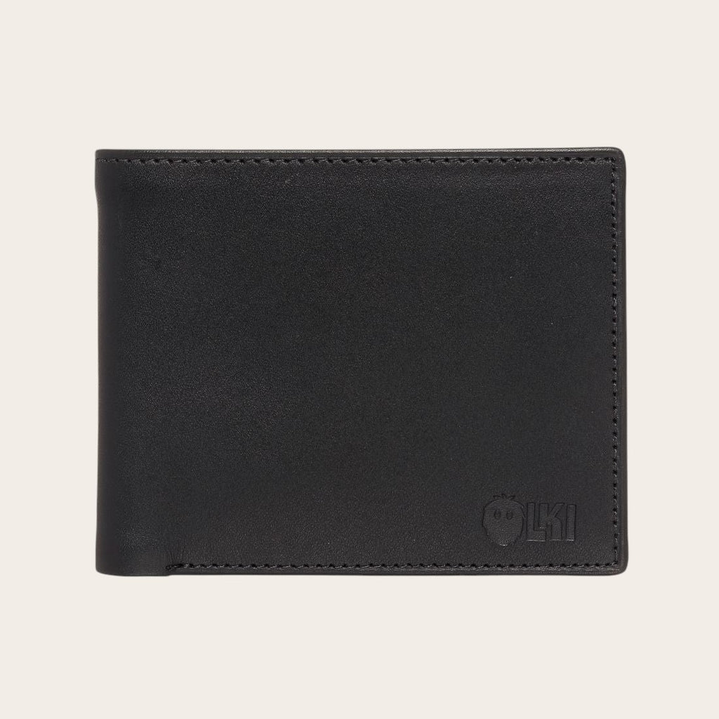 Billetera OLKI Ñuble Negra de cuero con múltiples ranuras para tarjetas y logo grabado.