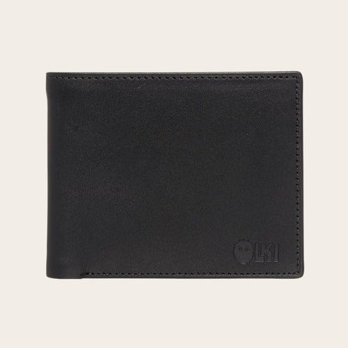 Billetera OLKI Ñuble Negra de cuero con múltiples ranuras para tarjetas y logo grabado.